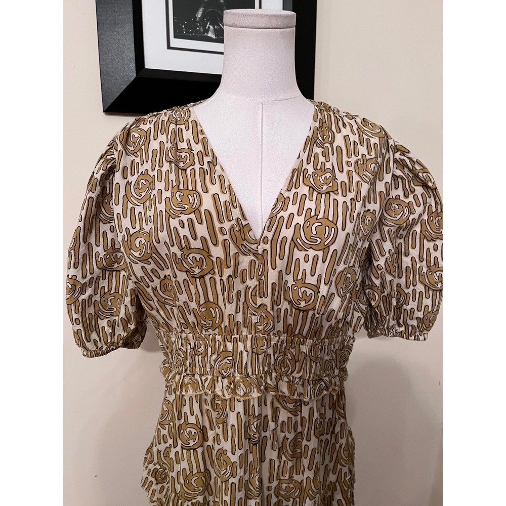 Anna Cate Mustard Cream Abstract Print Tiered Cotton Maxi Dress Puff Sleeve M - Picture 5 of 7